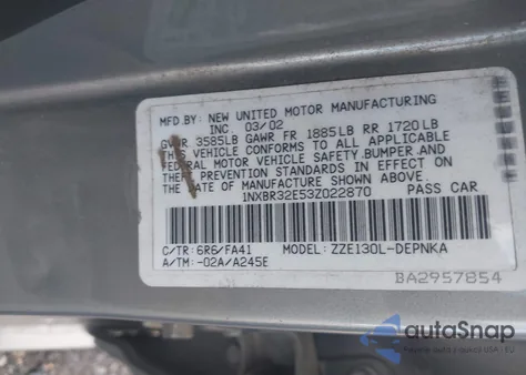 2003 Toyota Corolla Le из США, поврежденный, VIN 1NXBR32E53Z022870